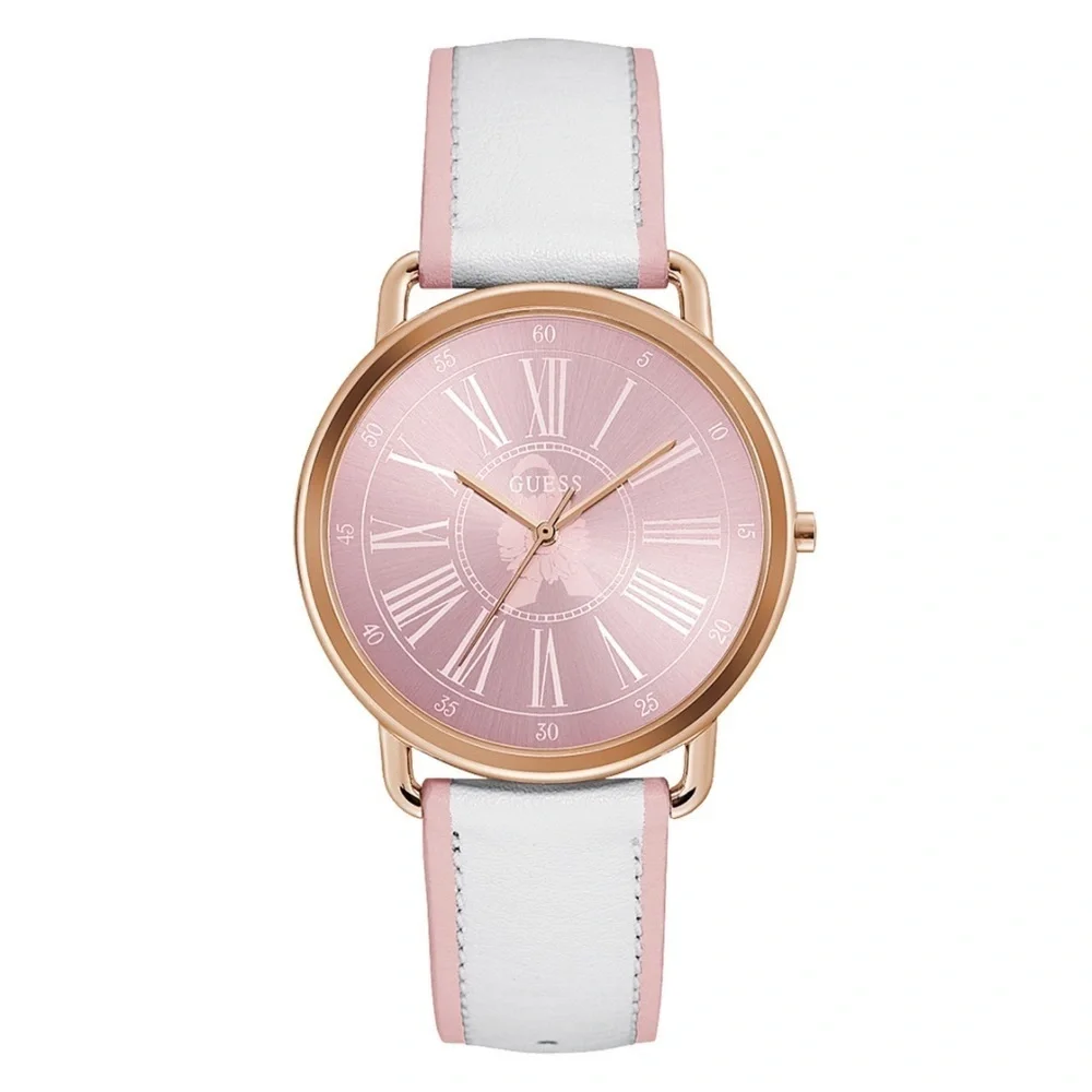 New GUESS LADIES ROSE GOLD TONE CASE WHITE GENUINE LEATHER WATCH